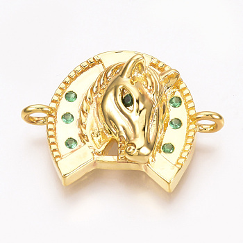 Brass Micro Pave Cubic Zirconia Links, Horse Head with Horse Shoe, Lime Green, Golden, 26x19.5x7.5mm, Hole: 2mm