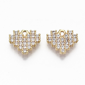 Brass Micro Pave Clear Cubic Zirconia Charms, Nickel Free, Real 18K Gold Plated, Heart, Clear, 9x11x2mm, Hole: 1.2mm