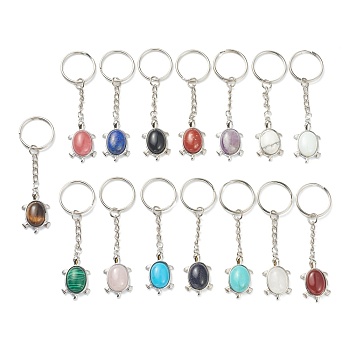 Natural & Synthetic Mixed Gemstone Keychain, with Brass Findings and Alloy Split Key Rings, Tortoise, Platinum, 8cm