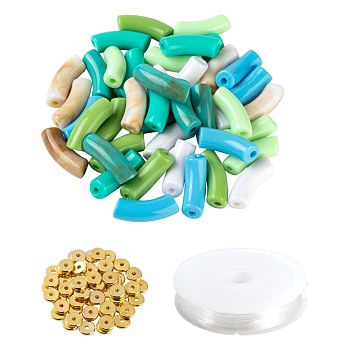 DIY Jewelry Making Kits, Including Curved Tube Imitation Gemstone & Opaque Acrylic Beads, Brass Spacer Beads, Elastic Crystal Thread, Mixed Color, Tube Beads: 42pcs/set