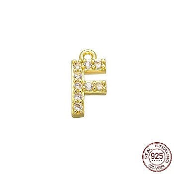 Real 18K Gold Plated 925 Sterling Silver Micro Pave Clear Cubic Zirconia Charms, Initial Letter, Letter F, 9.5x4.5x1.5mm, Hole: 0.9mm