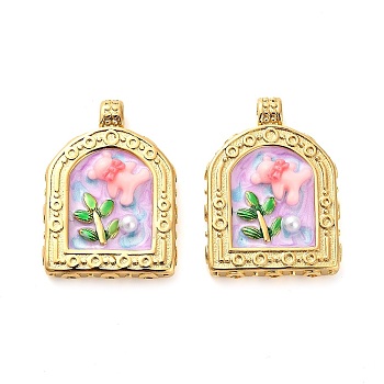 304 Stainless Steel Enamel  Pendants, with Resin and ABS Imitation Pearl, Arch with Bear Charms, Ion Plating(IP), Real 18K Gold Plated, Violet, 30x22x6mm, Hole: 3mm