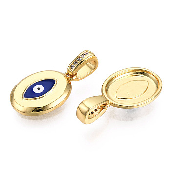 Brass Micro Pave Clear Cubic Zirconia Pendants, with Enamel, Nickel Free, Oval with Evil Eye, Real 18K Gold Plated, Dark Blue, 20x14x2.5mm, Hole: 3x6mm