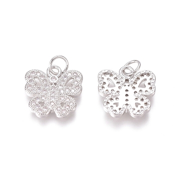 Brass Micro Pave Clear Cubic Zirconia Charms, with Jump Rings, Butterfly, Platinum, 12x12x2mm, Jump Ring: 4.5x0.7mm, Inner Diameter: 3mm