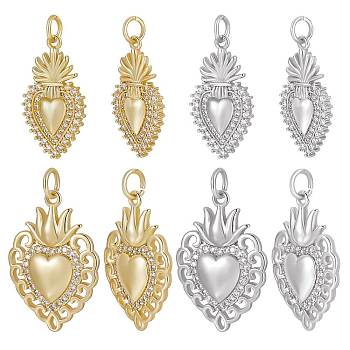 8Pcs 4 Style Rack Plating Brass Micro Pave Cubic Zirconia Pendants, Sacred Heart Charm, Long-Lasting Plated, with Jump Rings, Cadmium Free & Lead Free, Real 18K Gold Plated & Real Platinum Plated, 22.5~23x12.5~16x2.5mm, Hole: 3mm, 2pcs/style