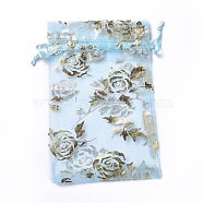 Organza Drawstring Jewelry Pouches, Wedding Party Gift Bags, Rectangle with Gold Stamping Rose Pattern, Light Sky Blue, 15x10x0.11cm(OP-I001-C01)