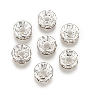 Brass Rhinestone Spacer Beads, Grade A, Straight Flange, Silver Color Plated, Rondelle, Crystal, 8mm(X-RB-A014-Z8mm-01S)