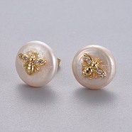 Natural Pearl Stud Earrings, with Brass Micro Pave Cubic Zirconia Findings, Flat Round with Bees, Long-Lasting Plated, with Ear Nuts, Golden, Clear, 13~15mm, Pin: 0.8mm(EJEW-L231-20G)