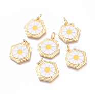Brass Pendants, with Enamel and Jump Rings, Long-Lasting Plated, Cadmium Free & Lead Free & Nickel Free, Hexagon with Flower, White, Real 18K Gold Plated, 16x16x2.5mm, Hole: 3.4mm(KK-I673-16G)