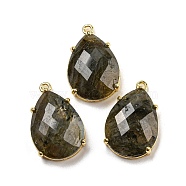 Natural Labradorite Pendants, Rack Plating Brass Faceted Teardrop Charms, Golden, 24~24.5x16~16.5x7mm, Hole: 1.5mm(G-M431-10G-10)