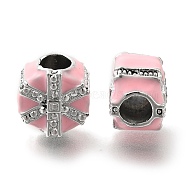 Rack Plating Alloy Enamel European Beads, with Rhinestone, Lead Free & Cadmium Free, Large Hole Beads, Gift Box, Pink, 10.5x8mm, Hole: 4.5mm(FIND-H005-20P-02)