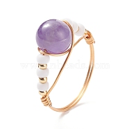 Natural Amethyst Wire Wrapped Finger Ring, Shell Pearl Braided Bead Ring for Girl Women, US Size 10 1/4(19.9mm)(RJEW-TA00022-02)