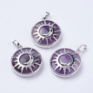 Natural Amethyst Pendants, with Brass Findings, Flat Round with Sun & Moon, Platinum, 31x27.5x8mm, Hole: 5x7mm(G-K234-B13)