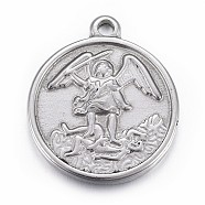 304 Stainless Steel Pendants, Flat Round with Archangel Michael, Stainless Steel Color, 24x20.5x3mm, Hole: 2mm(X-STAS-P218-09)