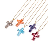 Sparkling Cross Pendant Necklace for Women, Glass Beaded Pendant Necklace with Bar Link Chain, Golden, Mixed Color, 15.94 inch(40.5cm)(X1-NJEW-TA00015)