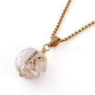 Natural Pearl Initial Pendant Necklaces, with Brass Micro Pave Cubic Zirconia Cabochons and 304 Stainless Steel Box Chains, Flat Round, Golden, Colorful, Letter.K, Pendants: 18x13x9mm, 16.14 inch(41cm)(NJEW-JN03297-03)
