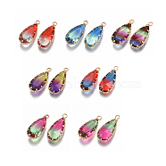Two Tone Glass Pendants, with Brass Findings, Faceted, Teardrop, Golden, Mixed Color, 24x10.5x6mm, Hole: 1.5mm(GLAA-S179-02-M)