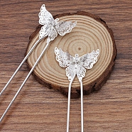 Brass Hair Fork Findings, with Butterfly Filigree Findings, Silver, 135x35x6.5mm(OHAR-PW0001-093S)