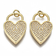 Brass Micro Pave Clear Cubic Zirconia Pendants, with Jump Rings, Nickel Free, Heart Lock Shape, Real 16K Gold Plated, 23.5x14x2.5mm, Jump Ring: 5x0.9mm, Inner Diameter: 3mm(ZIRC-S067-066-NF)
