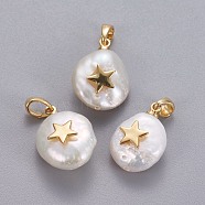 Natural Cultured Freshwater Pearl Pendants, with Brass Findings, Nuggets with Star, Long-Lasting Plated, Golden, 17~27x12~16x6~12mm, Hole: 4x2.5mm(KK-L187-09G)