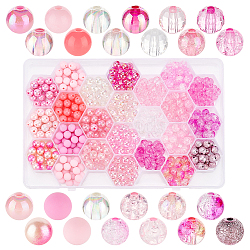 576Pcs 24 Style Transparent & Crackle & Fluorescent & Spray Painted & Frosted & Opaque & Rainbow Acrylic Imitation Pearl Beads, Round, Pink, 8x7~8mm, Hole: 1.5~2.5mm, 22~24Pcs/style(DIY-HY0001-35C)