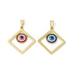 Vacuum Plating 304 Stainless Steel Resin Pendants, Golden, Rhombus Charms with Evil Eye, Mixed Color, 36x33x4mm, Hole: 9x4.5mm(STAS-A062-01G)