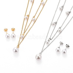 Ball 304 Stainless Steel Jewelry Sets, Double Layer Cable Chains Necklaces and Stud Earrings, with Plastic Imitation Pearl, Lobster Claw Clasps and Ear Nuts, Mixed Color, 16.33 inches(41.5cm), 8mm, Pin: 0.7mm(SJEW-H302-19)