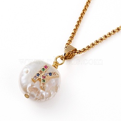 Natural Pearl Initial Pendant Necklaces, with Brass Micro Pave Cubic Zirconia Cabochons and 304 Stainless Steel Box Chains, Flat Round, Golden, Colorful, Letter.K, Pendants: 18x13x9mm, 16.14 inch(41cm)(NJEW-JN03297-03)