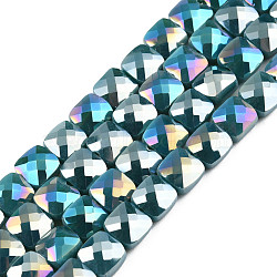 Electroplate Opaque Solid Color Glass Beads Strands, AB Color Plated, Faceted, Square, Teal, 6.5x6.5x4.5mm, Hole: 1.2mm, about 97~99Pcs/strand, 25 inch(63.5cm)(EGLA-N002-43-06)