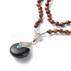 108 Mala Prayer Beads Necklace, Natural Quartz Crystal & Wood Round Beads Necklace, Donut Resin Pendant Necklace for Women, 34.65 inch(88cm)(NJEW-JN03775)
