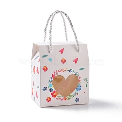 Rectangle Paper Gift Boxes with Handle Rope, Clear Heart Window Box for Gift Wrapping, Flower Pattern, 6.65x6.7x10cm(CON-B010-02A)