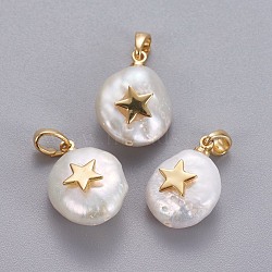 Natural Cultured Freshwater Pearl Pendants, with Brass Findings, Nuggets with Star, Long-Lasting Plated, Golden, 17~27x12~16x6~12mm, Hole: 4x2.5mm(KK-L187-09G)