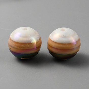 Opaque Stripe Acrylic Beads, Iridescent, Round, Colorful, 15.5x14mm, Hole: 2mm