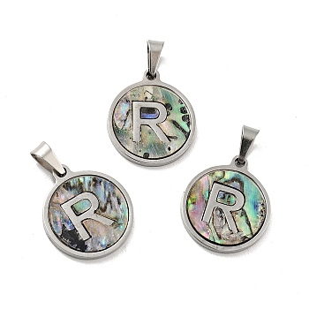 304 Stainless Steel with Paua Shell Pendants, Stainless Steel Color, Flat Round with Letter Charm, Letter.R, 18x16x1.5mm, Hole: 3x6mm