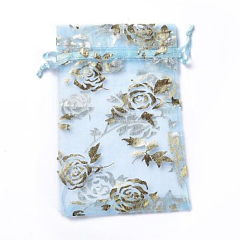Organza Drawstring Jewelry Pouches, Wedding Party Gift Bags, Rectangle with Gold Stamping Rose Pattern, Light Sky Blue, 15x10x0.11cm