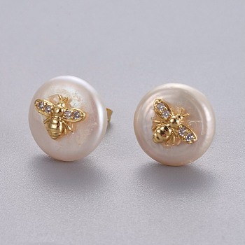 Natural Pearl Stud Earrings, with Brass Micro Pave Cubic Zirconia Findings, Flat Round with Bees, Long-Lasting Plated, with Ear Nuts, Golden, Clear, 13~15mm, Pin: 0.8mm