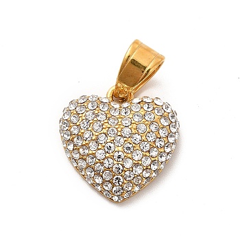 304 Stainless Steel Pendants, with Crystal Rhinestone, Heart Charms, Golden, 18x18x5.5mm, Hole: 7.5x4.5mm