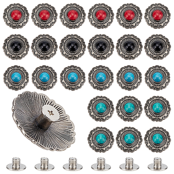 AHADERMAKER 24Sets 4 Colors Alloy Buttons, with Synthetic Turquoise, DIY Accessaries, Flat Round with Flower, Colorful, 25x11mm, Hole: 2.5mm, 6sets/color