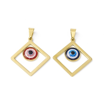 Vacuum Plating 304 Stainless Steel Resin Pendants, Golden, Rhombus Charms with Evil Eye, Mixed Color, 36x33x4mm, Hole: 9x4.5mm