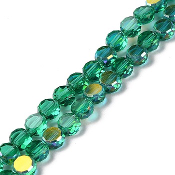 Transparent Electroplate Glass Beads Strands, AB Color, Faceted Flat Round, Green, 6x3mm, Hole: 1.2mm, about 98~100pcs/strand, 20.08''~20.87''(51~53cm)