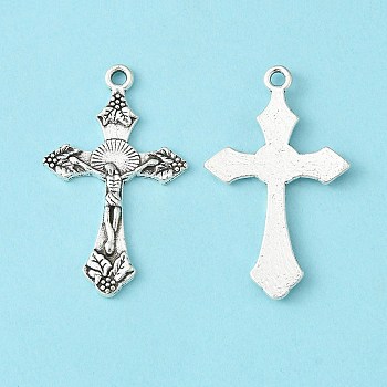 Tibetan Style Alloy Pendants, For Easter, Lead Free and Cadmium Free, Antique Silver, Crucifix Cross, 33.5mm long, 20.5mm wide, 2.5mm thick, hole: 2mm