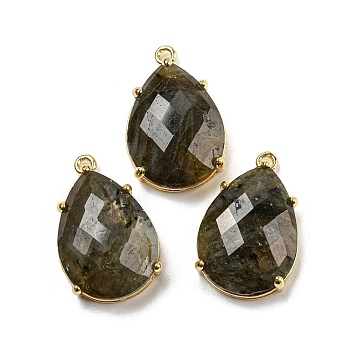 Natural Labradorite Pendants, Rack Plating Brass Faceted Teardrop Charms, Golden, 24~24.5x16~16.5x7mm, Hole: 1.5mm