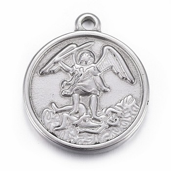304 Stainless Steel Pendants, Flat Round with Archangel Michael, Stainless Steel Color, 24x20.5x3mm, Hole: 2mm