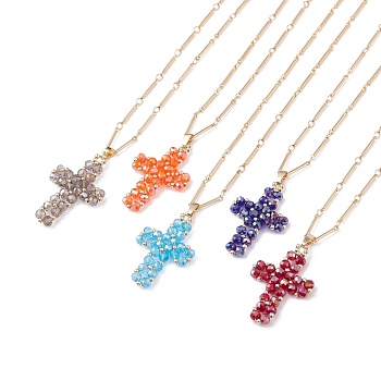 Sparkling Cross Pendant Necklace for Women, Glass Beaded Pendant Necklace with Bar Link Chain, Golden, Mixed Color, 15.94 inch(40.5cm)