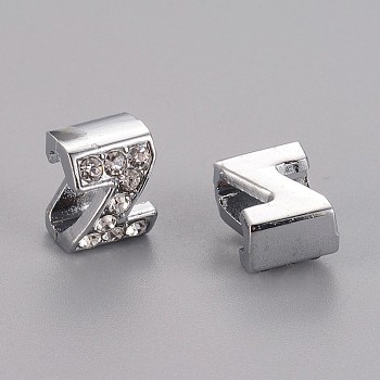 Initial Slide Beads, Alloy Rhinestone Beads, Platinum Color, Letter Z, about 8mm wide, 10mm long, 6.5mm thick, hole: 3.5x7mm