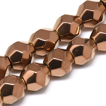 Electroplate Non-magnetic Synthetic Hematite Beads Strands, Faceted Round, Copper Plated, 9x10x9mm, Hole: 1mm, about 43pcs/strand, 15.7 inch