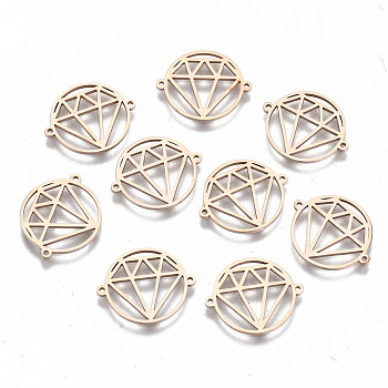 304 Stainless Steel Links Connectors, Laser Cut, Flat Round with Hollow Diamond Shape, Rose Gold, 15x18x1mm, Hole: 0.8mm