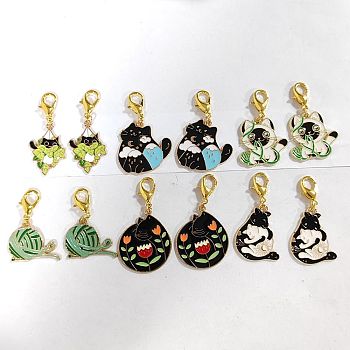 Alloy Enamel Pendant Locking Stitch Markers, Zinc Alloy Lobster Claw Clasps & Brass Wine Glass Charm Rings Stitch Marker, Cat/Ball of Yarn/Cat with Moon & Cloud, Mixed Color, 3.6~4.9cm, 6 style, 2pcs/style, 12pcs/set