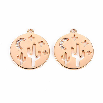 Brass Micro Pave Clear Cubic Zirconia Pendants, Nickel Free, Flat Round, Real 18K Gold Plated, 19.5x17x1.2mm, Hole: 1.2mm