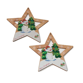 Christmas Theme Natural Wood Big Pendants, Star with Snowman & Word Merry Christmas, Colorful, 101~106x105~107x3mm, Hole: 3mm